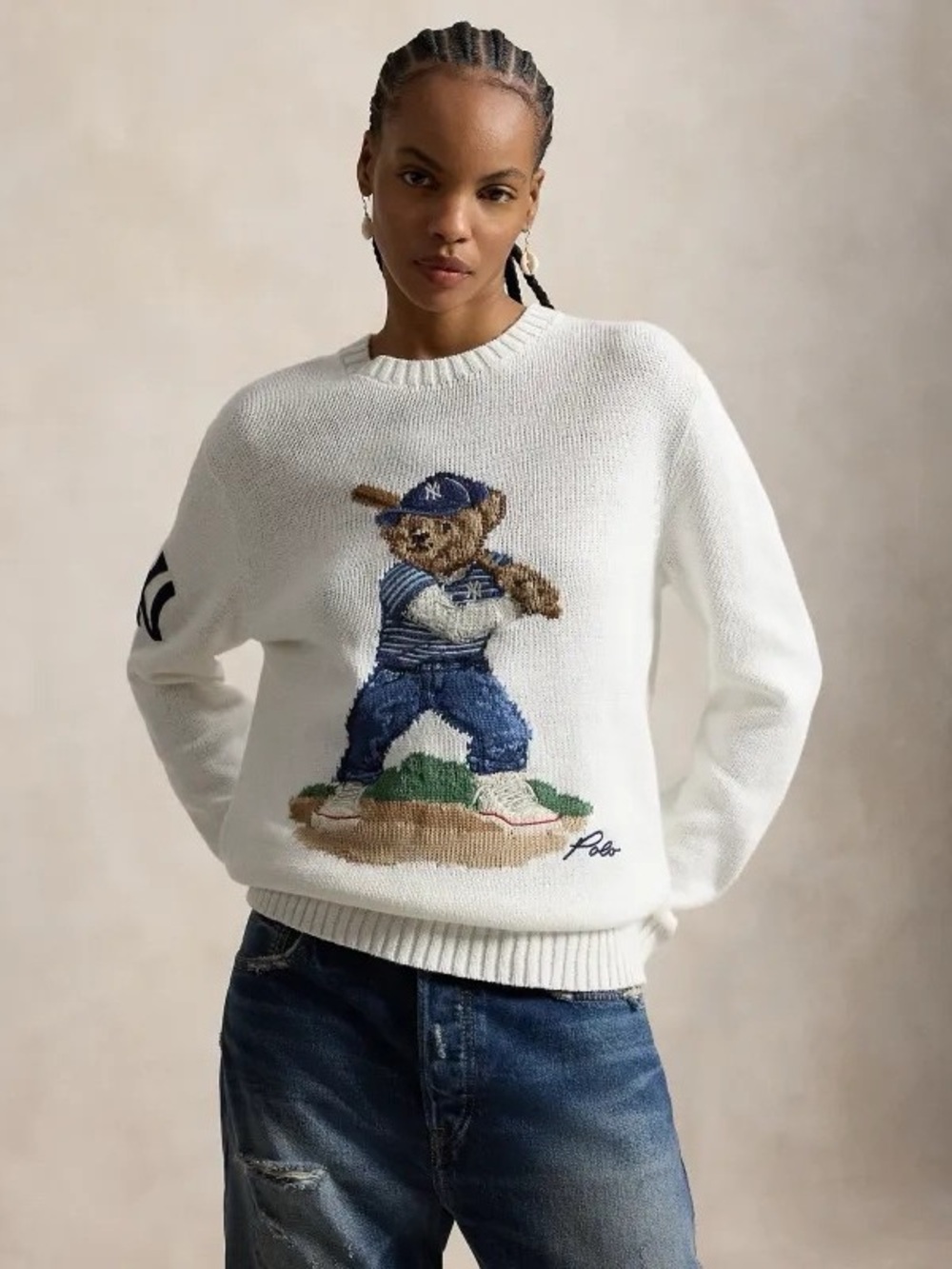 Polo by Ralph Lauren White Crewneck Sweater with Baseball Bear Motif